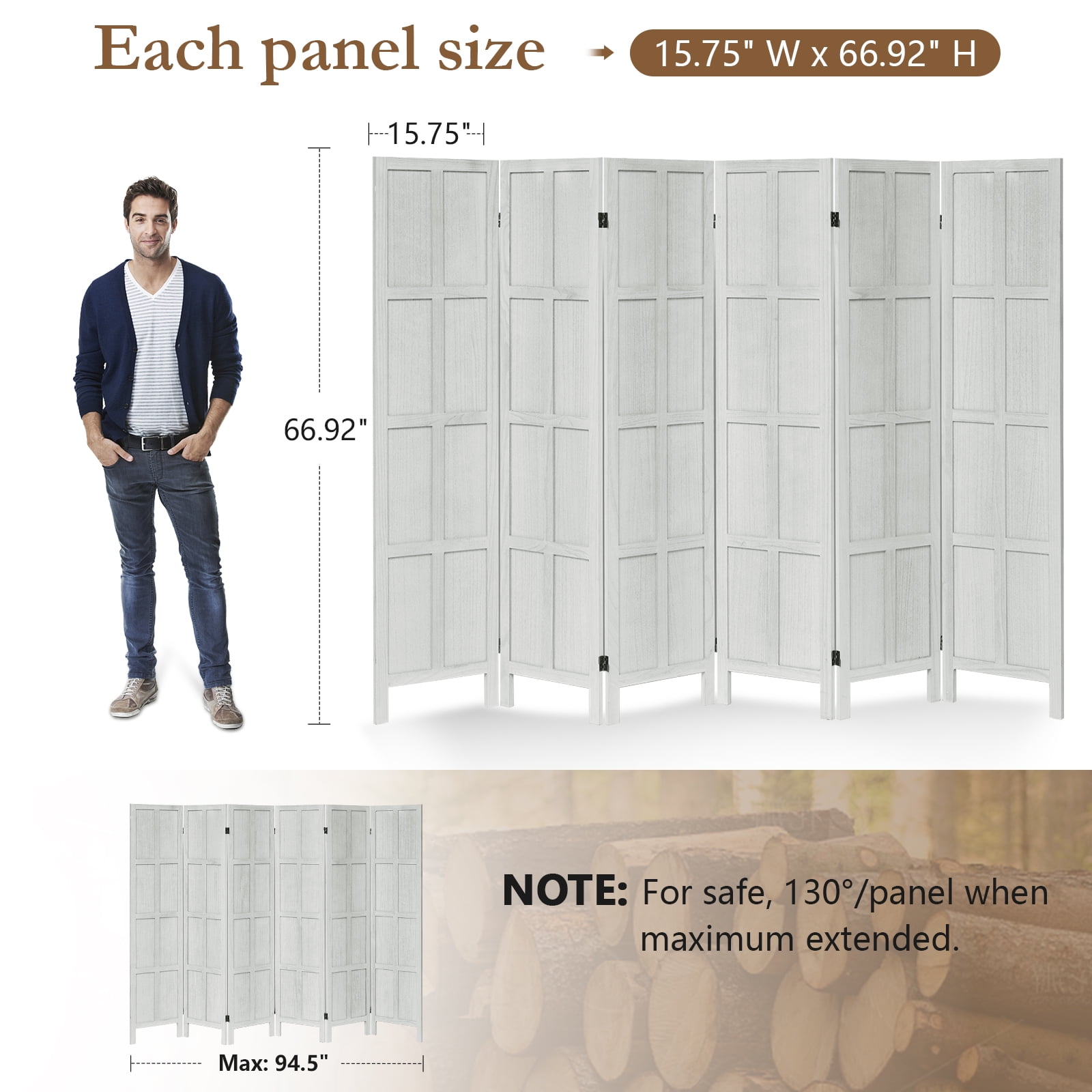 Aletheiawu 6 Panel Room Divider Wall and Folding Privacy Screens, No Installation Required, White