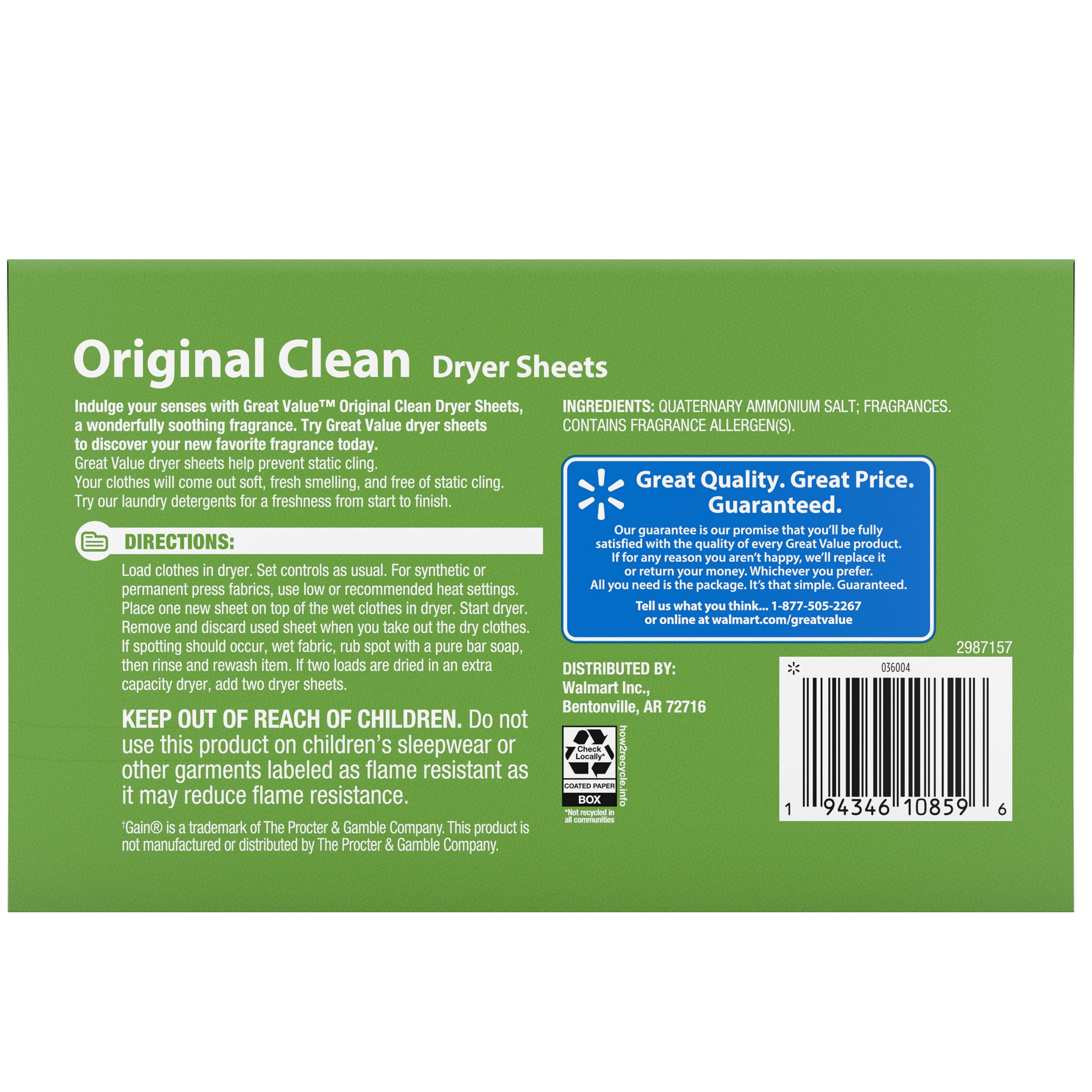 Great Value Ultimate Fresh Dryer Sheets, Original Clean, 180 Count, Compare to Gain®