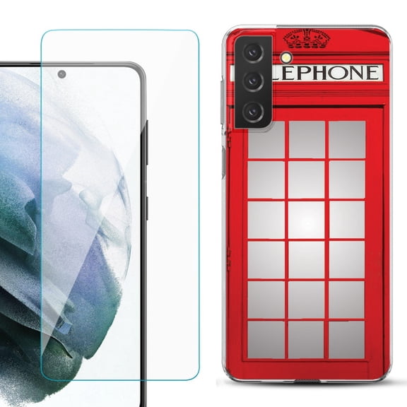 Slim-Fit TPU Fashion Phone Case for Samsung Galaxy S21 FE 5G Fan Edition, with Tempered Glass Screen Protector, by OneToughShield ® - Phone Booth Red