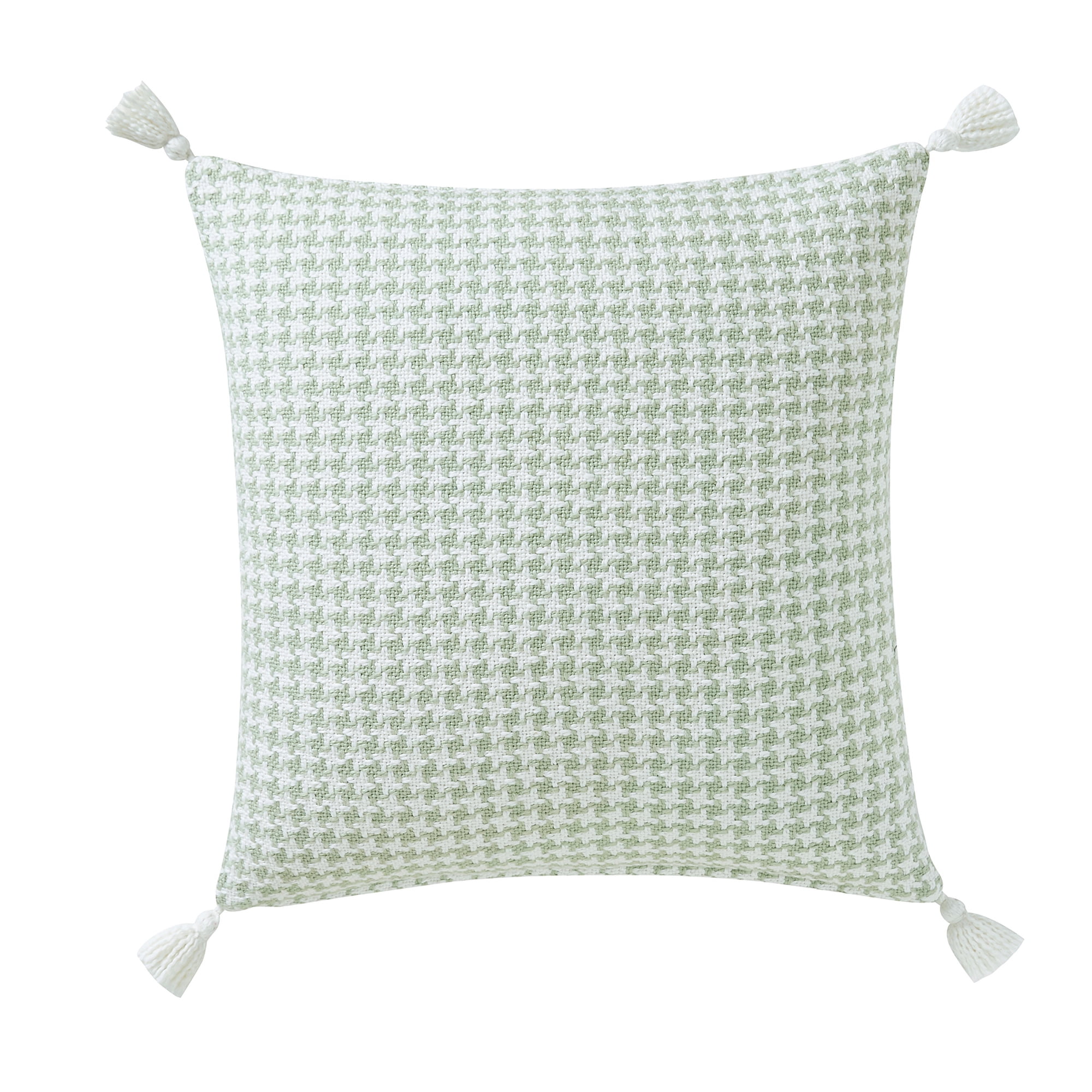 Beautiful Tonal Houndstooth Cotton Decorative Pillow with Tassels by Drew Barrymore, 22" x 22", Sage