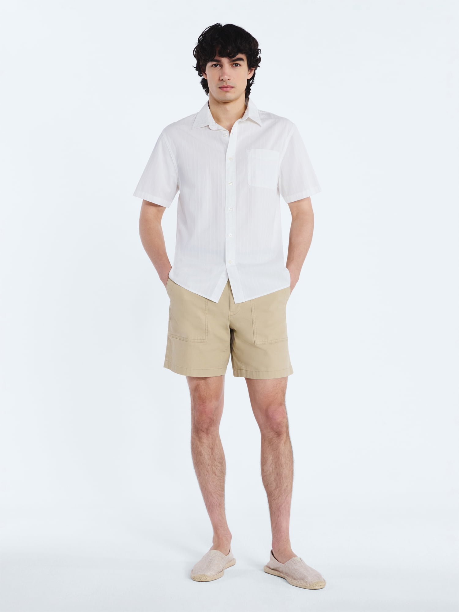 Free Assembly Men's Cotton Dobby Button Front Shirt with Short Sleeves, Sizes S-3XL