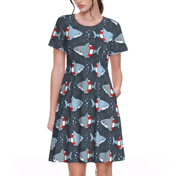 Disketp Cute Shark para Vestido de Manga Corta para Mujeres, Vestidos de Verano para Mujeres, Casual y Holgado para la Playa