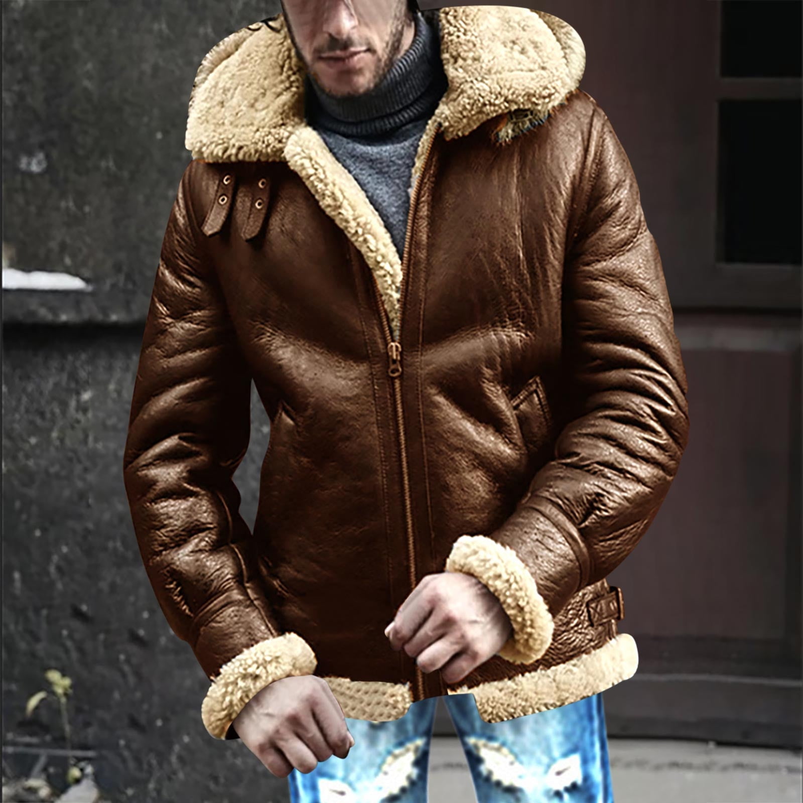 CHEEREAM Faux Leather Jacket Men Suede Faux Fur Jacket Outwear Coat with Hooded Winter Casual Sherpa Lined PU Leather Overcoat Coffee XL