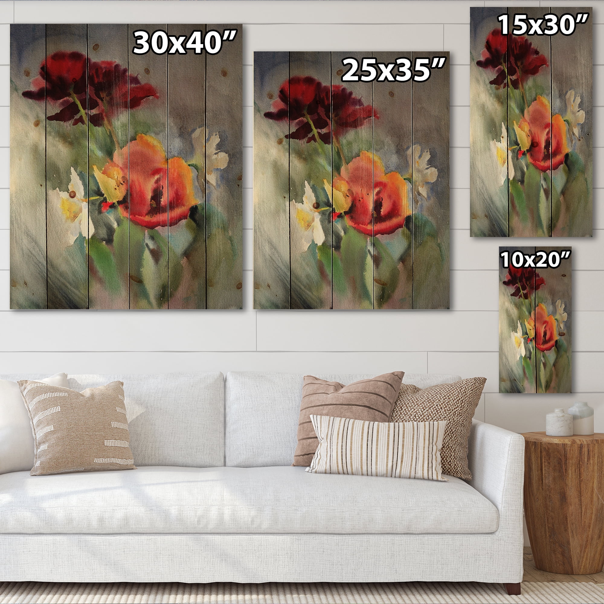 Designart 'Blossoming Vibrant Red Wildflowers' Traditional Print on Natural Pine Wood
