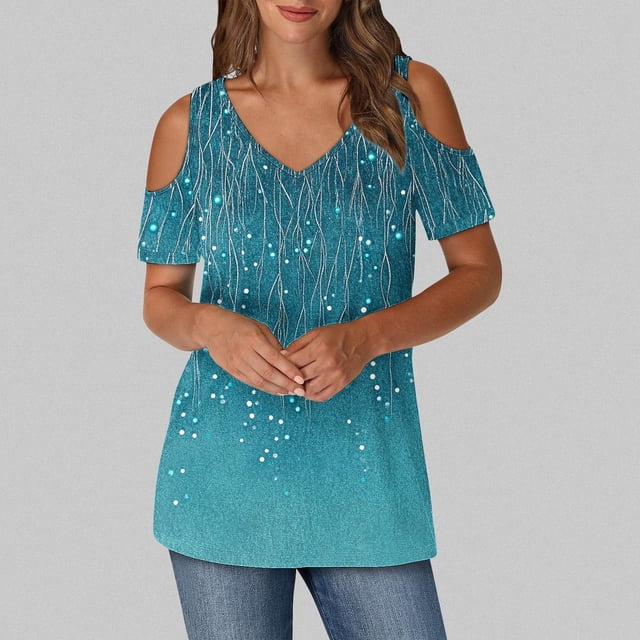 Soki Women's Off Shoulder Tee Clearance Blouses Short Sleeved V-Neck Fashionable Tops