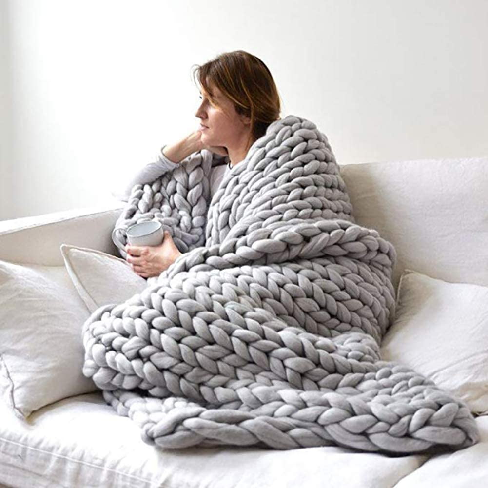 Zecatl Chunky Knitted Blanket Handmade Chunky Knitted Wool Blanket Merino Wool Yarn Arm Knitting Throw Pet Bed Chair Sofa Gray 60 60cm Grey 60