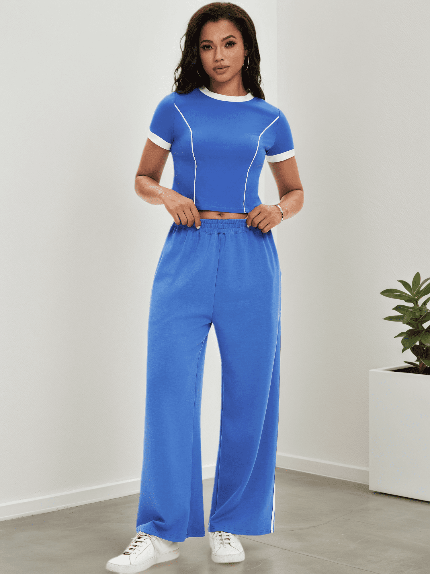 DARING DIVA Women 2 Pieces Set Crop Tops Wide Leg Pants Fall Outfits M Royal Blue