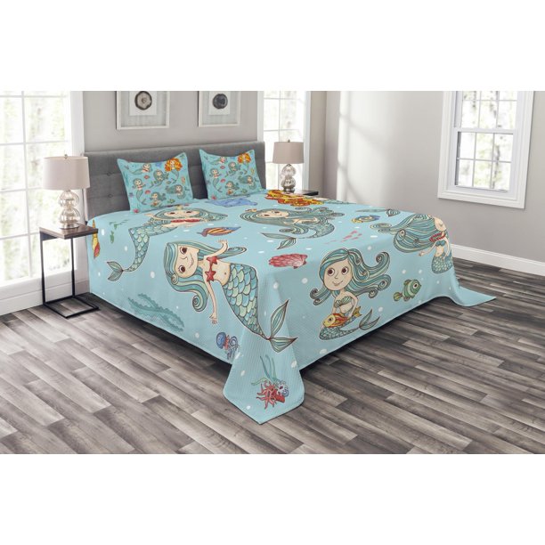 Mermaid Bedspread Set, Cute Composition of Mermaids with Different