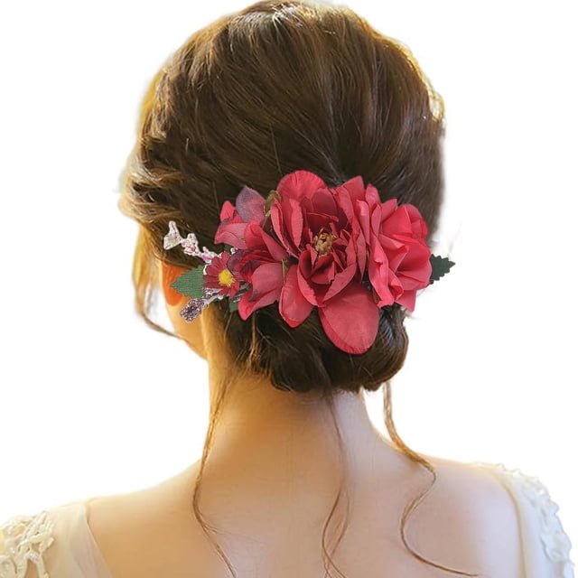 XASZHN Flower Metal Hair Side Combs Slide Clips Floral Hair Accessory Red_006 One Size