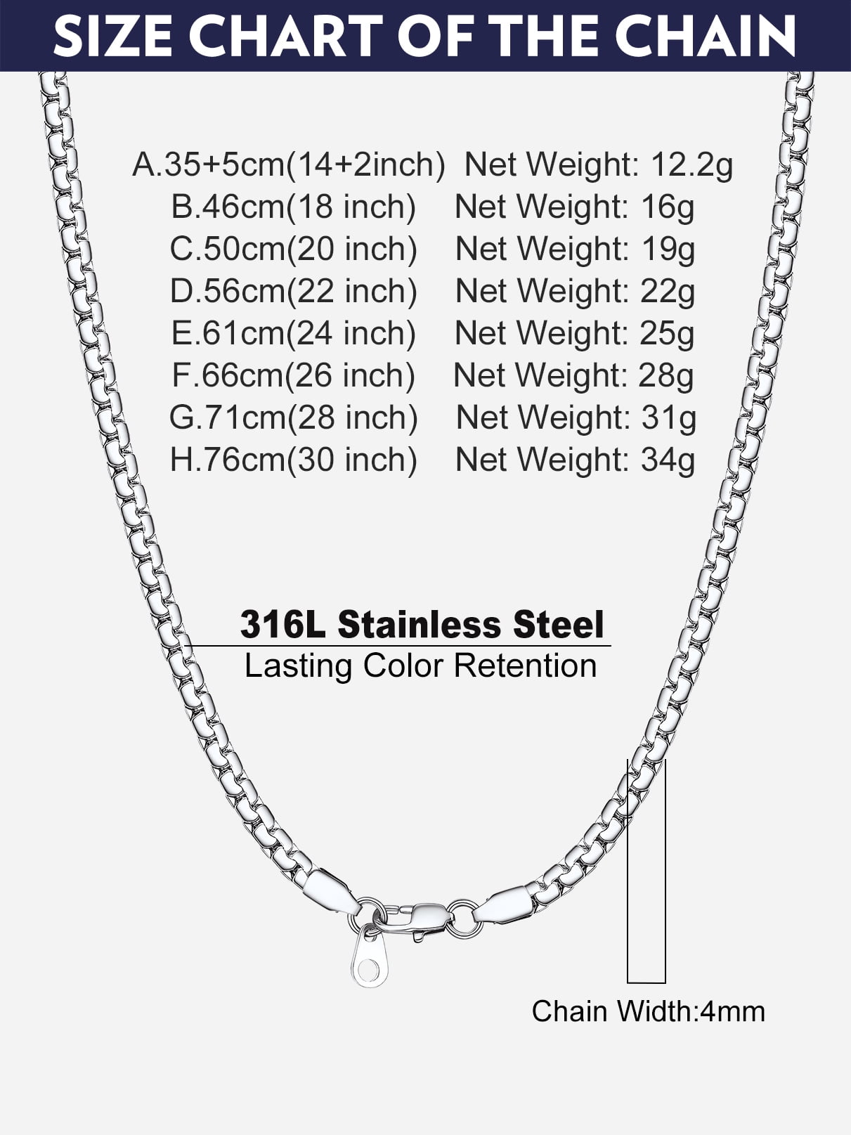 Bandmax 4MM Stainless Steel Flat Box Link Chains Necklace for Men Women Silver Cable Chain Jewelry Birthday Father Day Gift for Mens Son Husband Dad