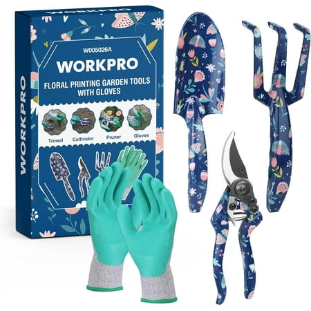 WORKPRO Aluminum Garden Tool Set, 4PCS Heavy Duty Hand Garden Tools with Box Include Trowel, Rake, Pruner, Garden Gloves, Floral and Insect Printing, Garden Gifts