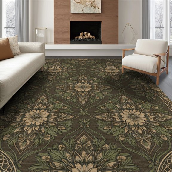 ODIKA 8'x10' Washable Area Rug Non-Slip Chair-Friendly Mat Trellis Ornamental Distressed Border Scrolls Scroll Vintage Boho Refined for Dining Room, Large Office, Lounge