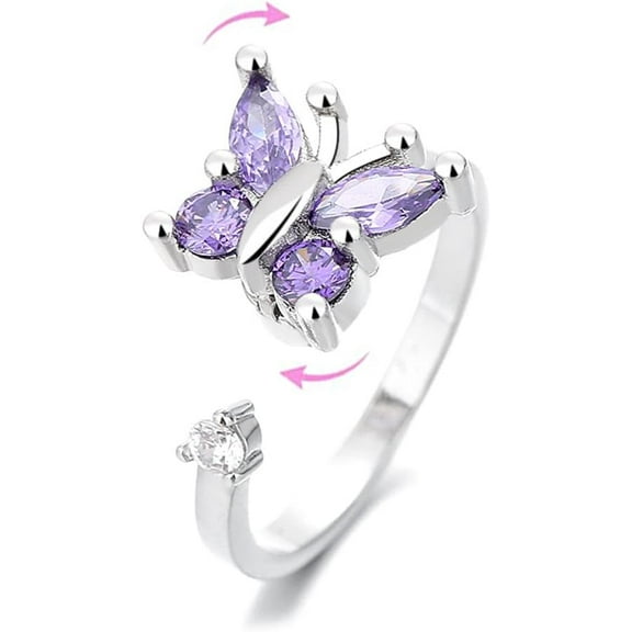 Amethyst Butterfly Fidget Anxiety Rings for Women Sterling Silver Plated CZ Rotate Freely Spinner Stress Relief Open Stacking Finger Ring Eternity Promise Fashion Cubic Zirconia Jewelry