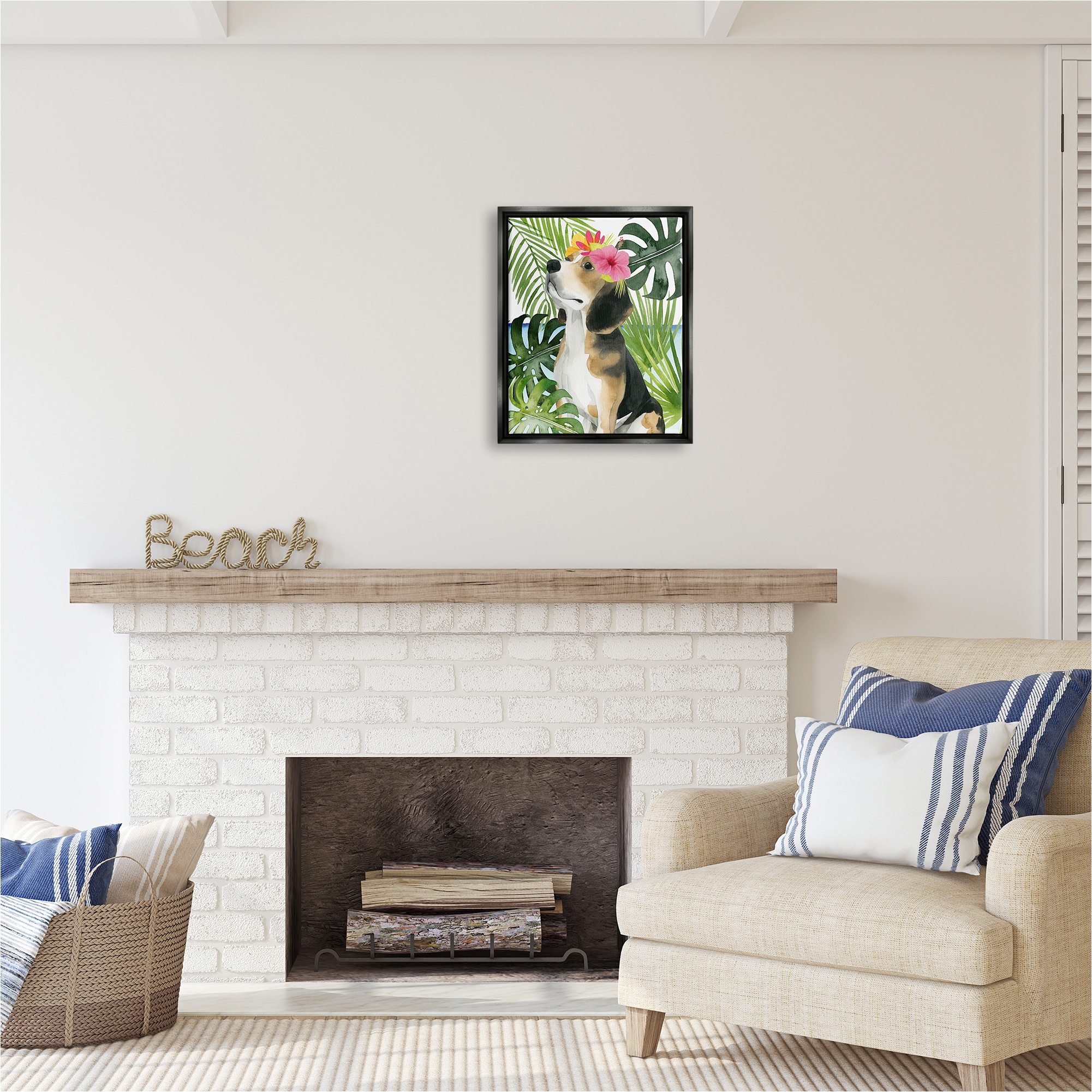 Stupell Industries Puppy with Hibiscus Animals & Insects Painting Black Floater Framed Canvas Art Print Wall Art, 17 x 21