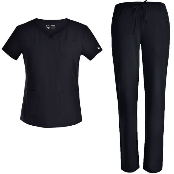 Stretch Women Nursing Scrubs Set - Pandamed Curved Notch Neck Doctor Slim Scrubs Medical Uniforms Top and Pants JYC302 Black XS