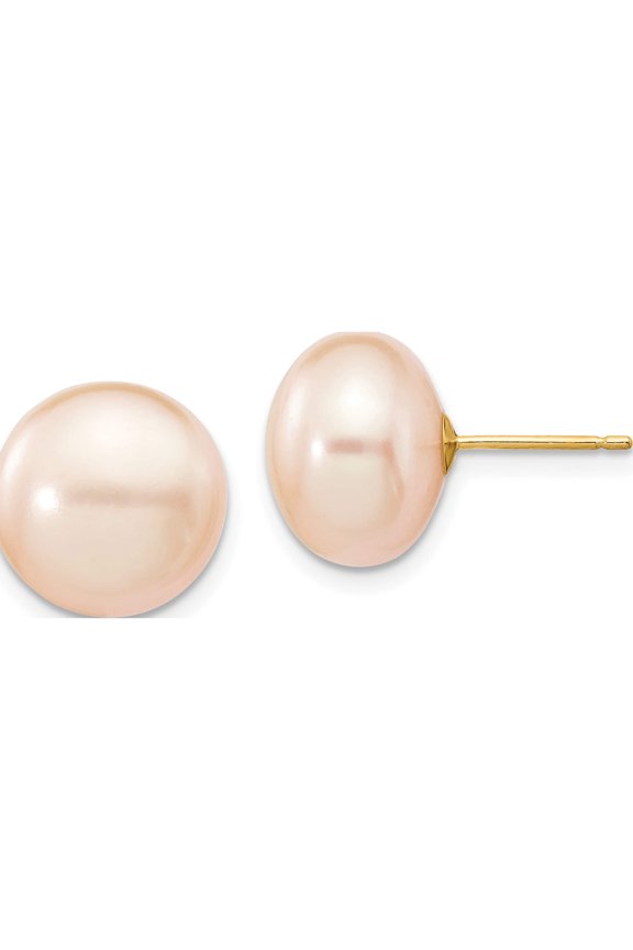 14K Yellow Gold 11-12mm Pink Button Fw Cultured Pearl Stud Post Earrings Made In Canada x110bpi