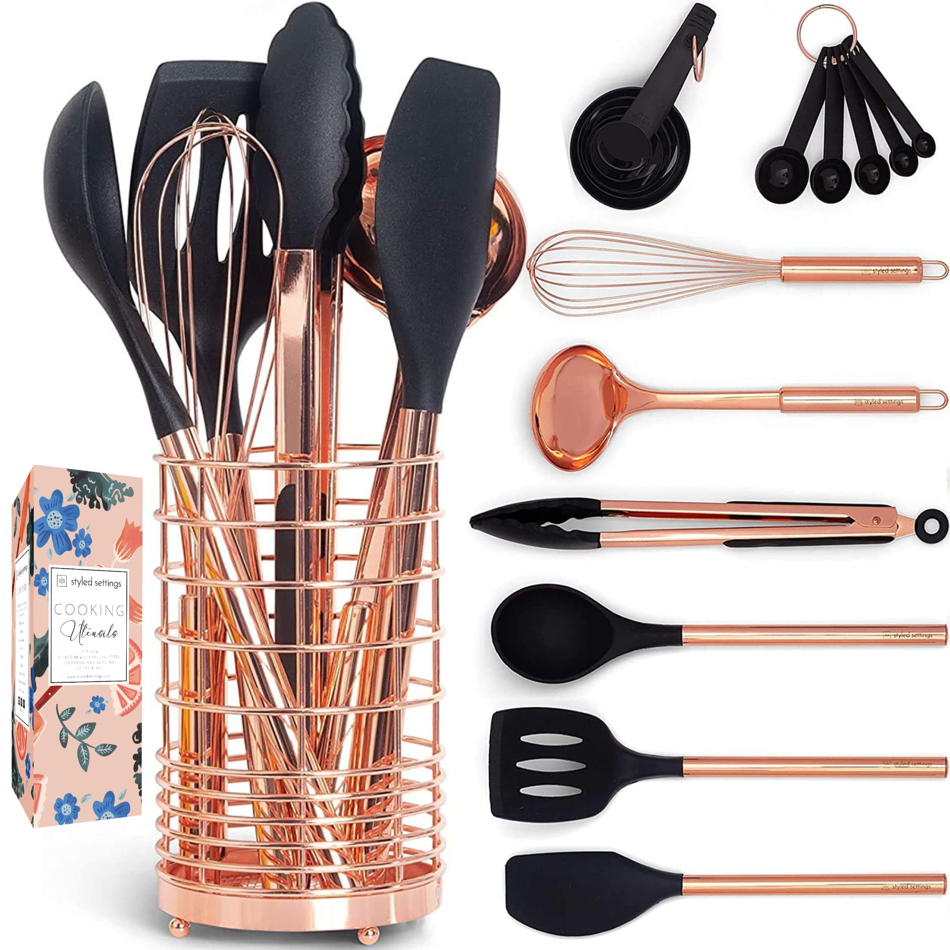 Styled Settings White Silicone & Copper Kitchen Utensils Set with Holder