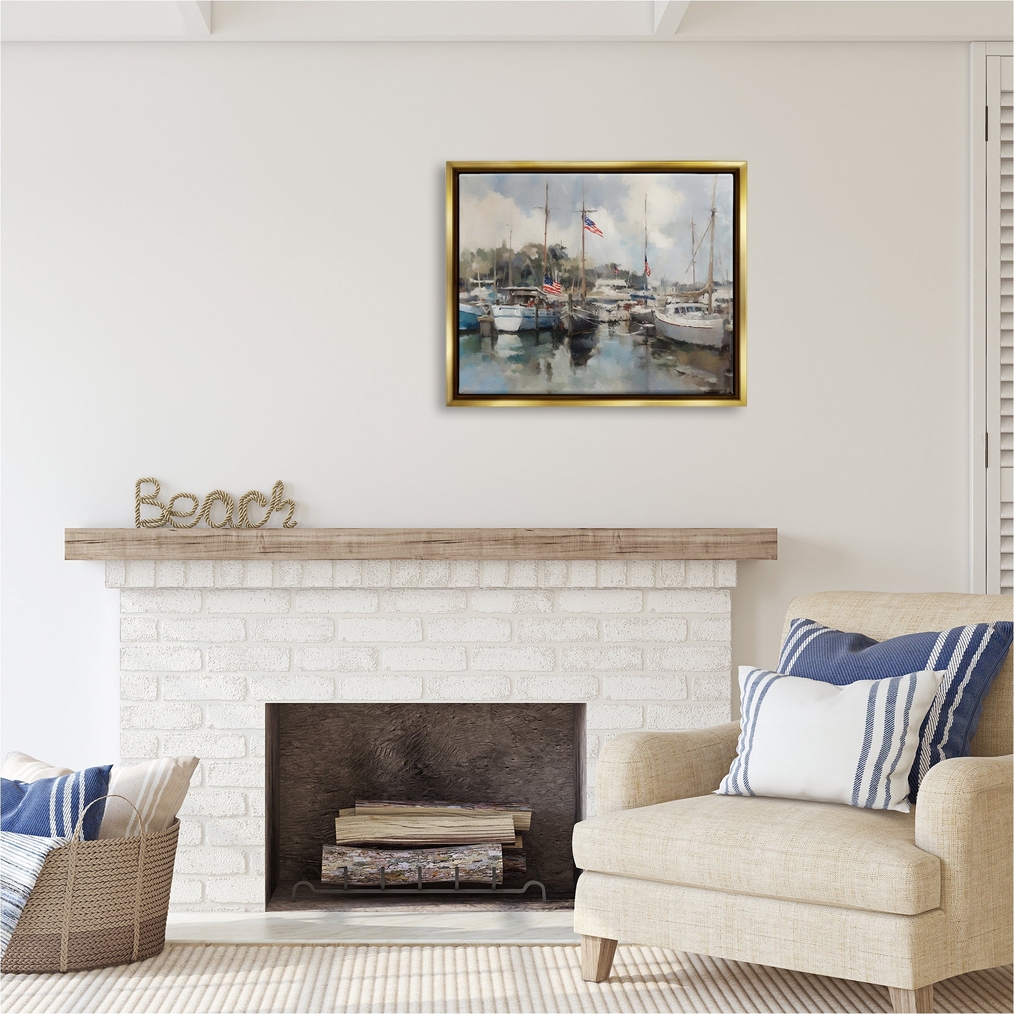 Stupell Industries Boats with American Flags Transportation Painting Gold Floater Framed Canvas Art Print Wall Art, 31 x 25