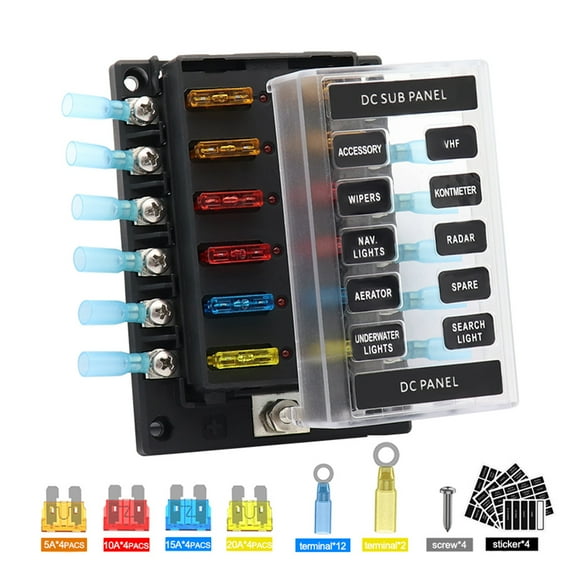 Yeacher 12 Way Fuse Box Blade Fuse Block Holder锛?2 Circuit Screw Nut Terminal Positive/Negative Bus Bar 5A 10A 15A 20A Free Fuses, with LED Indicator Waterpoof Cover for Car Truck Boat Vehicle 12-32