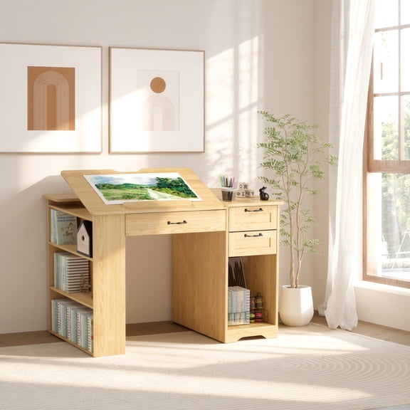 WARAYZ Adjustable Drawing Desk with Storage, Wood Study Computer Desk with Tilt Top, Large Drawer, 2 Side Drawers, 3-Tier Bookshelf, Open Cabinet, White