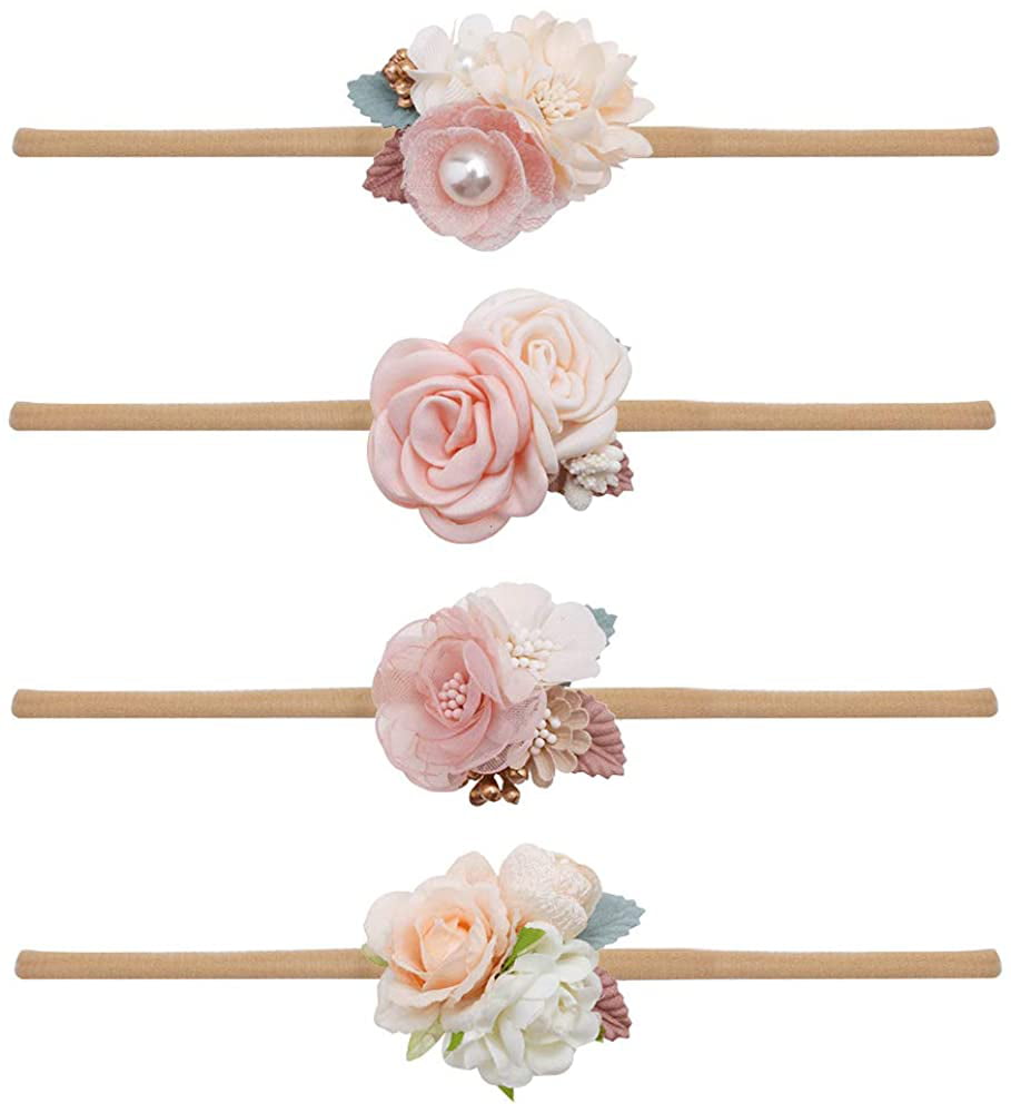 cherrboll 4pcs Baby Girl Headbands Flowers Super Soft & Stretchy Nylon Floral Hairbands for Newborn Toddler