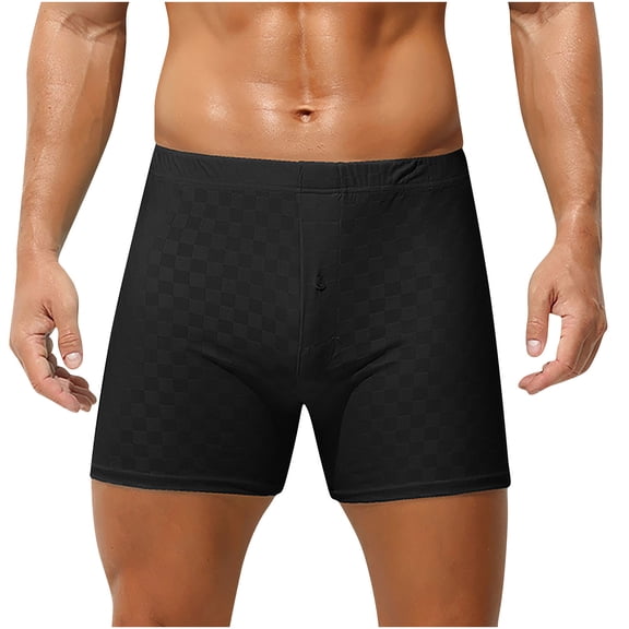 LNWUY Men's Solid Color Plaid Button Placket Elastic Waist Ice Silk Soft Breathable Comfortable Bottom Boxer Briefs Black XL