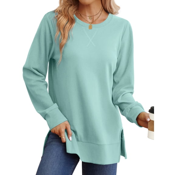 Ronuti Sweatshirt for Women Side Split Fall Fashion Long Sleeve Shirts Crewneck Tunic Tops