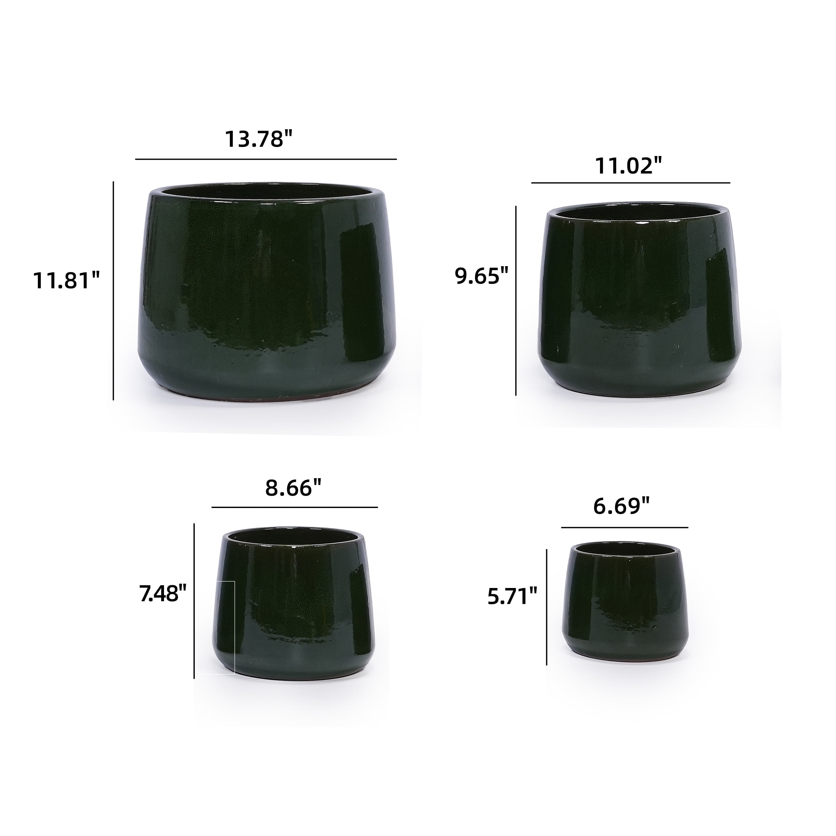mdj pottery 4pcs Deep Green Ceramic Flower Pots, 6-14 Inch Vertical Brushed Texture Planters with Drainage Holes, Indoor/Outdoor Use Ideal for Orchids, Succulents & Cacti