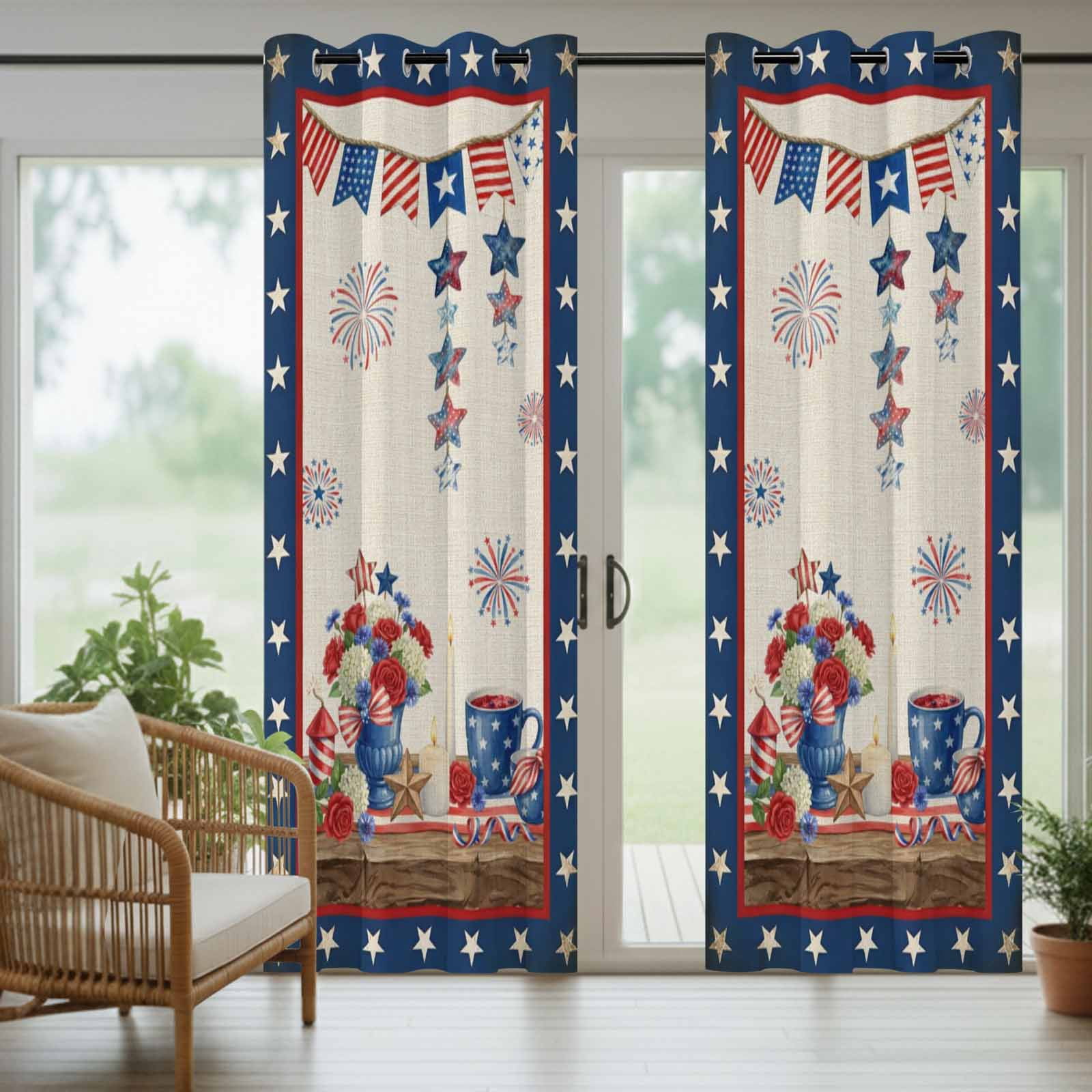 Independence Day Outdoor Curtains for Patio, Retro Red Blue USA Flag Floral Star Linen Texture Sunshade Privacy Drapes Grommet Waterproof Outside Curtains for Porch/Cabana/Balcony 54"x 108", 1 Panel