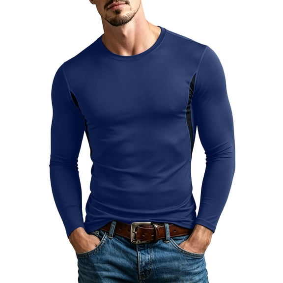 Annhoo Men's Athletic Long Sleeve Shirts Crew Neck Seam Slim Stretchy Tops Breathable Basic Layer Tees