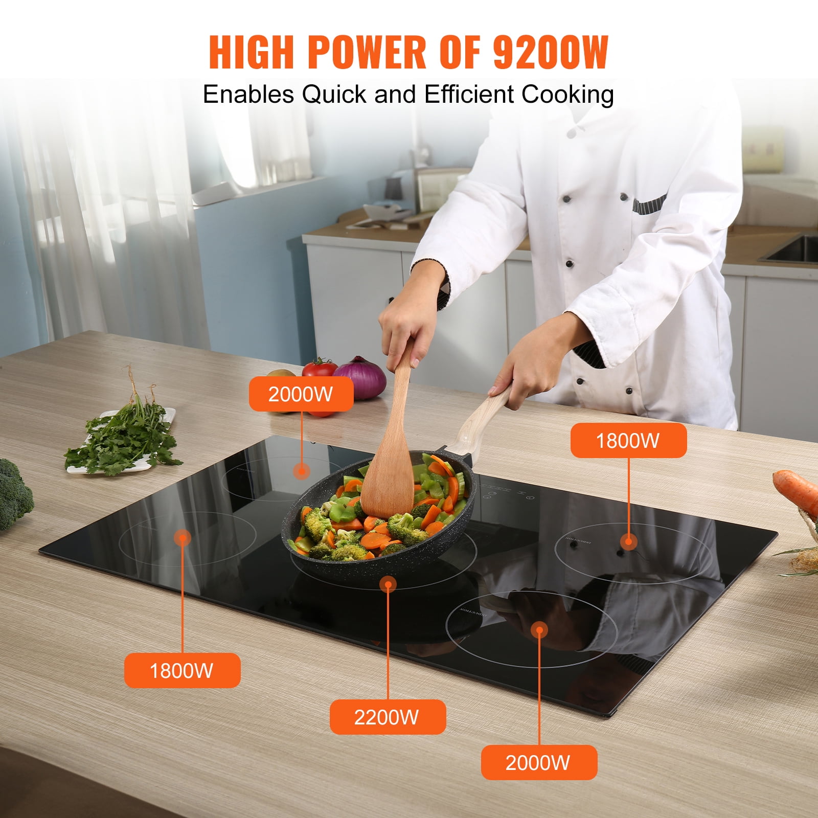 KFFKFF Induction Cooktop, 5 Heating Elements, 30'' Electric Stove, Integrated Magnetic Cooktop 9200W, 9 Heat Settings, LED Touch Display with Child Safety Lock & Overheat Protection