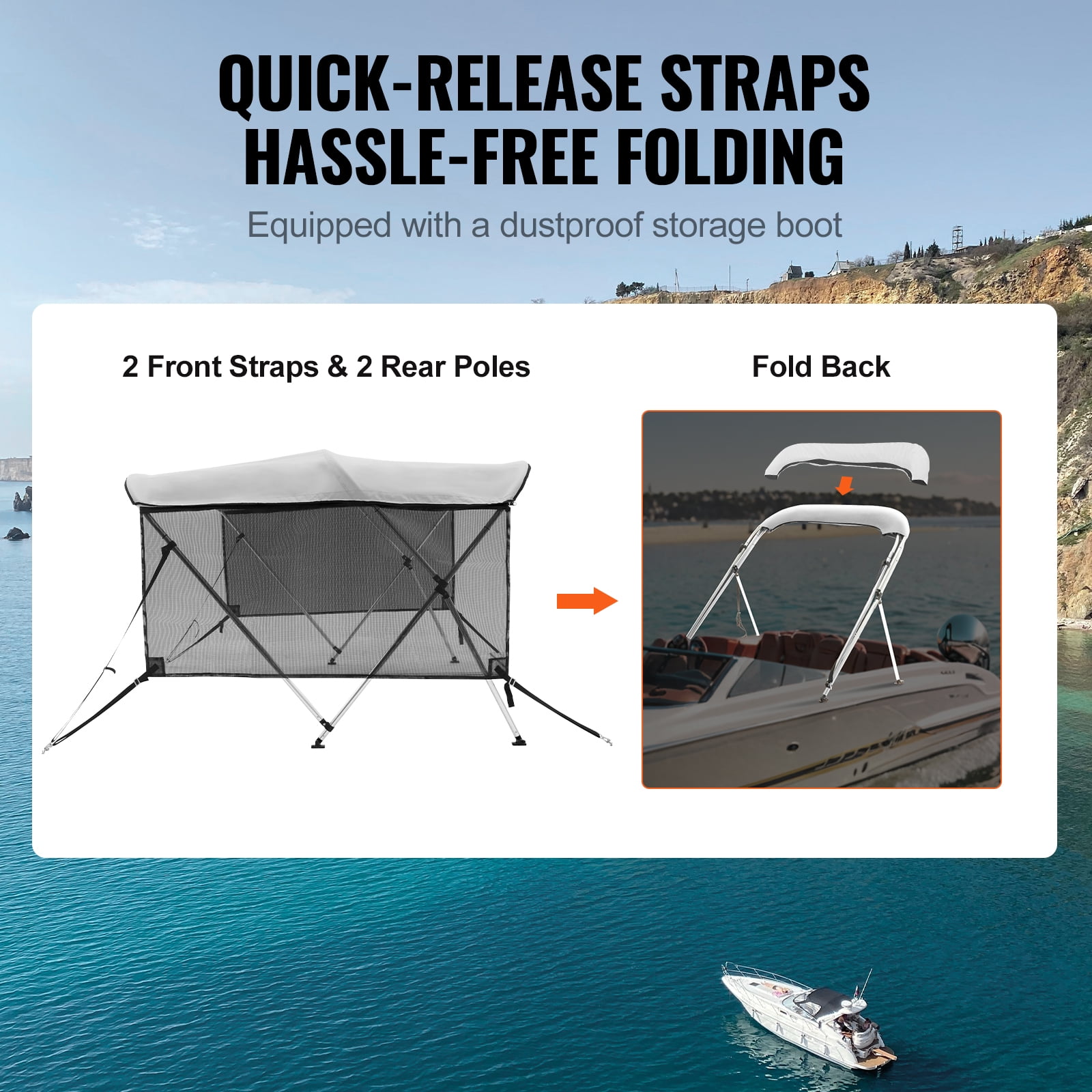 KFFKFF 3 Bow Bimini Top Boat Cover Detachable Mesh Sides 600D with Frame 67"-72"W