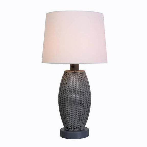 Ceybo 28" Outdoor/Indoor Table Lamp Gray Rattan Modern Boho Waterproof Lighting with White Drum Shade