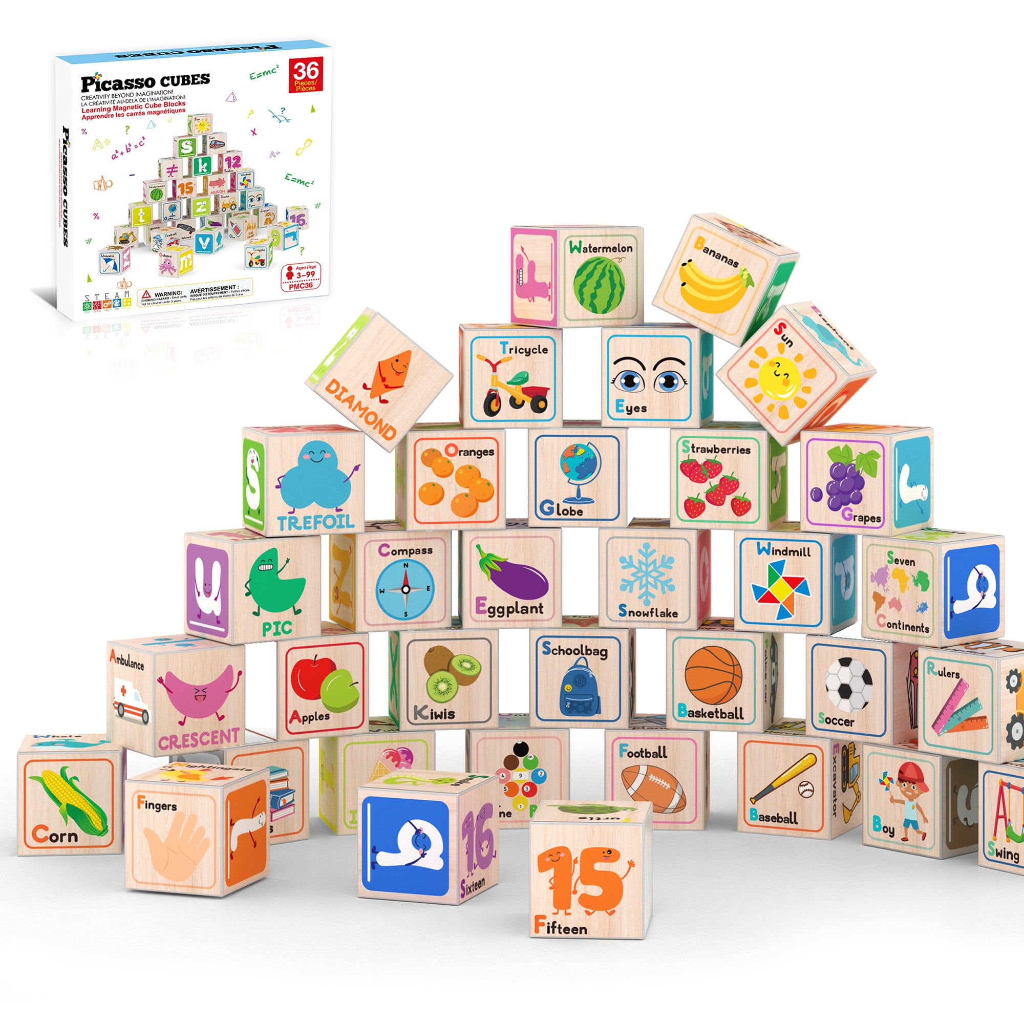 PicassoTiles 36PCS 1" Magnetic Puzzle Cubes, 216 Patterns, Alphabet, Numbers & Shapes STEM Educational Sensory Building Toy for Kids 3+