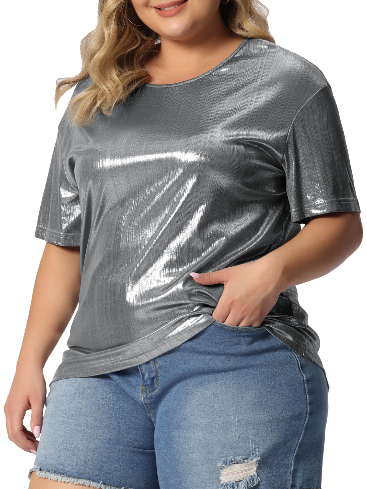 Agnes Orinda Women's Plus Size Tops Metallic Holographic Short Sleeve Concert Party Blouses 3X Silver