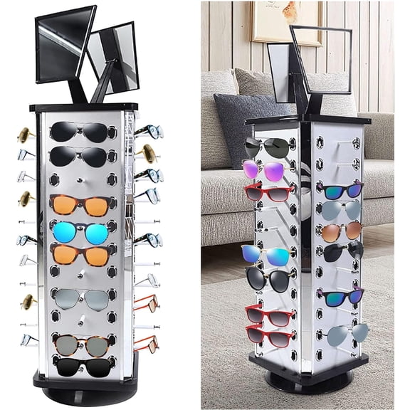 YIYIBYUS Retail 44 Pairs Glasses Sunglass Display Stand Holder, 360° Rotating Sunglasses Display Rack with Mirror, Sunglass Carousel Racks Eyewear Eyeglass Display Stand Rack for Home or Glasses Shop