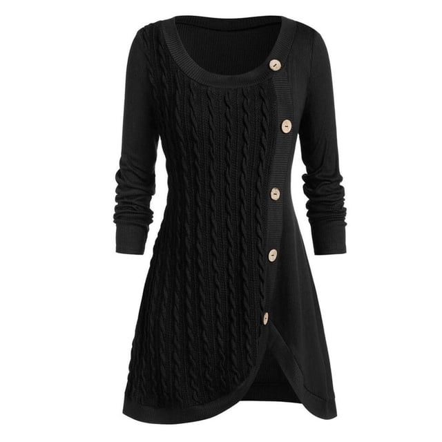 Simua Tunique à Manches Longues Col Rond pour Femmes Grande Taille Boutons Chandail-Over Côtés Automne Hiver
