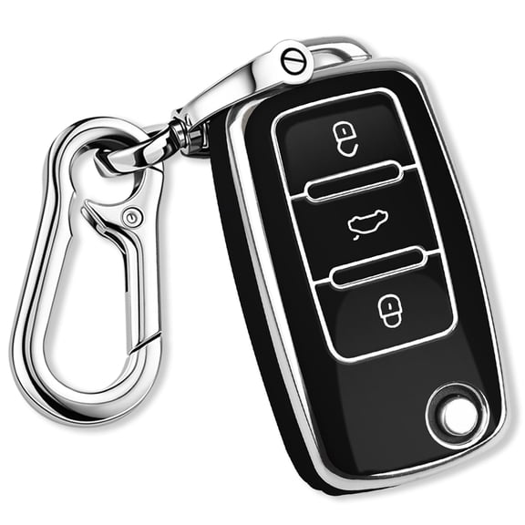 for VW Key Fob Cover with Keychain Silver Trim Soft TPU Compatible with Volkswagen Jetta Beetle Santana Scirocco Eos Tiguan Touran Polo MK5 Passat Golf GTI MK6