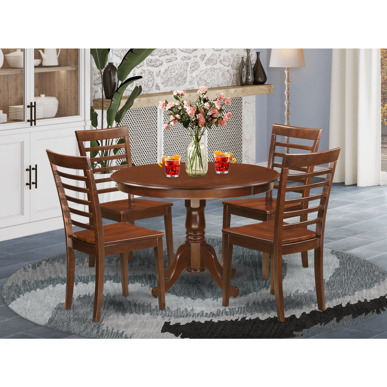 Set With A Round Table And Wood ChairsFinishMahogany,Number of Items5,ShapeRound