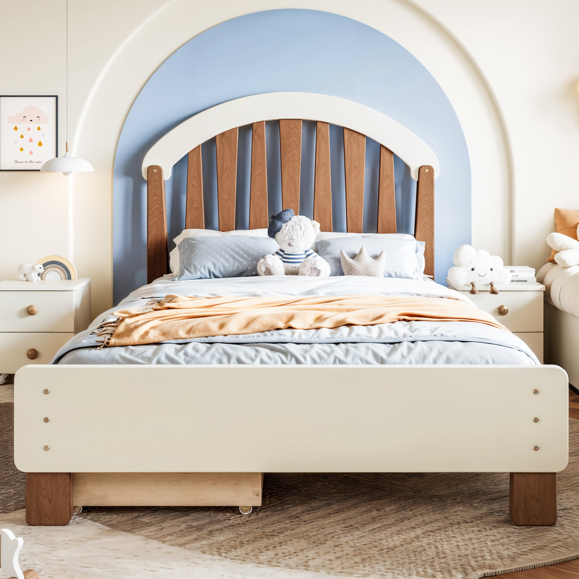 Leumius Twin Size Platformbed Frame with Storage Drawer, Wood Twin Bed Frame with Round Headboard for Bedroom Beige & Deep Natural