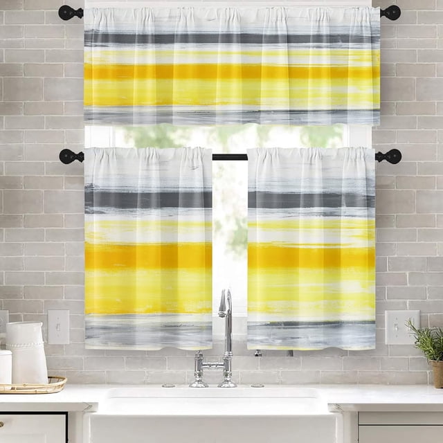 Yellow Grey White Kitchen Curtains Stripes Window Curtains and Valances Set 36 Inch, Abstract Painting Art Short Tier Curtain for Kitchen, Modern Small Kitchen Decor