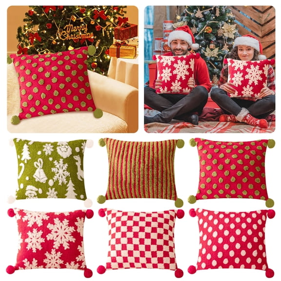 Set of 6 Christmas Pillow Covers 18x18,Chenille Double-Sided Red&Green&White Decorative Throw Pillow Cases,Soft Farmhouse Holiday Cushion Covers for Sofa Couch Bed