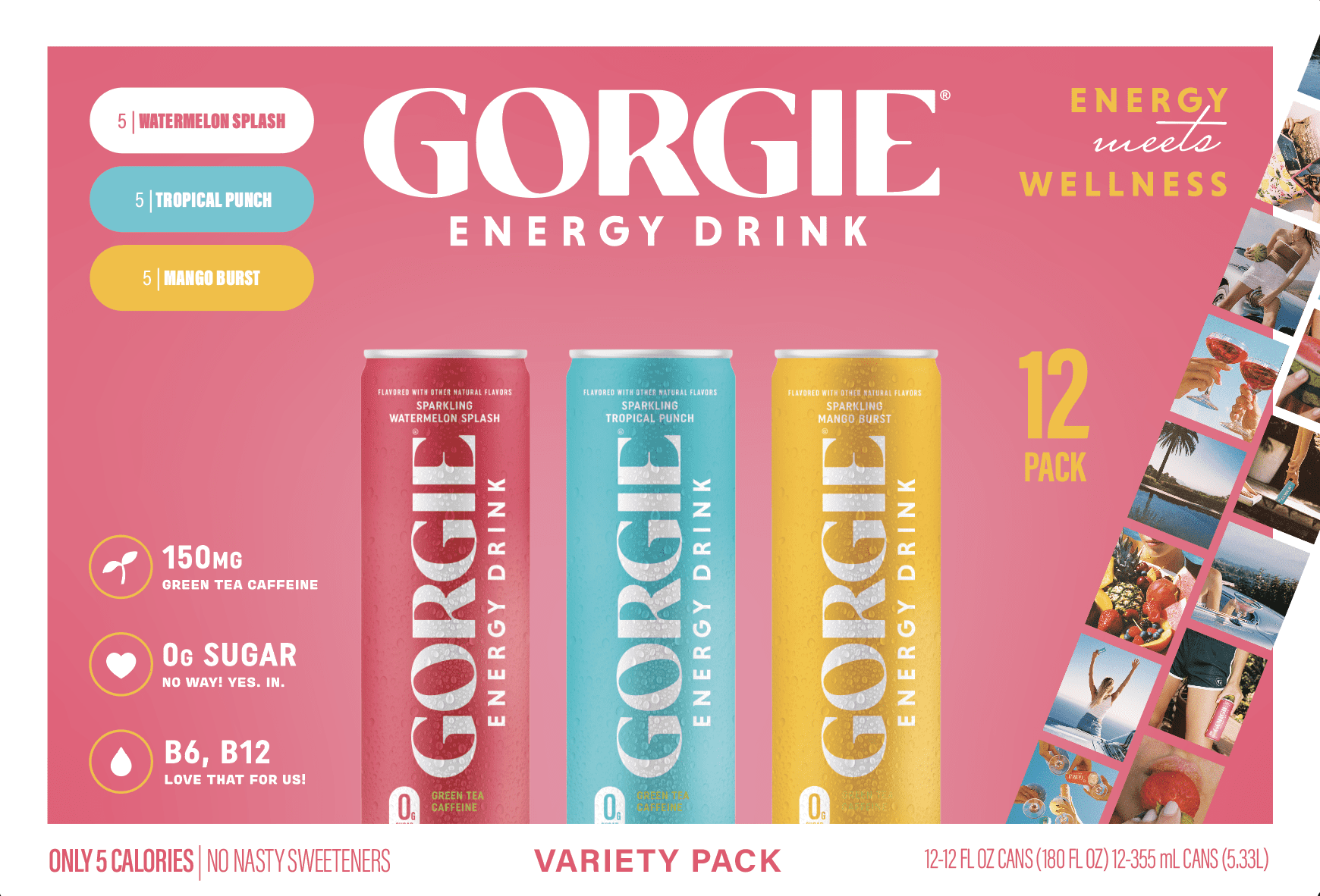 GORGIE Sparkling Energy Drink Variety Pack, 0 Sugar, Natural Caffeine from Green Tea, 12 fl oz (Pack of 12)
