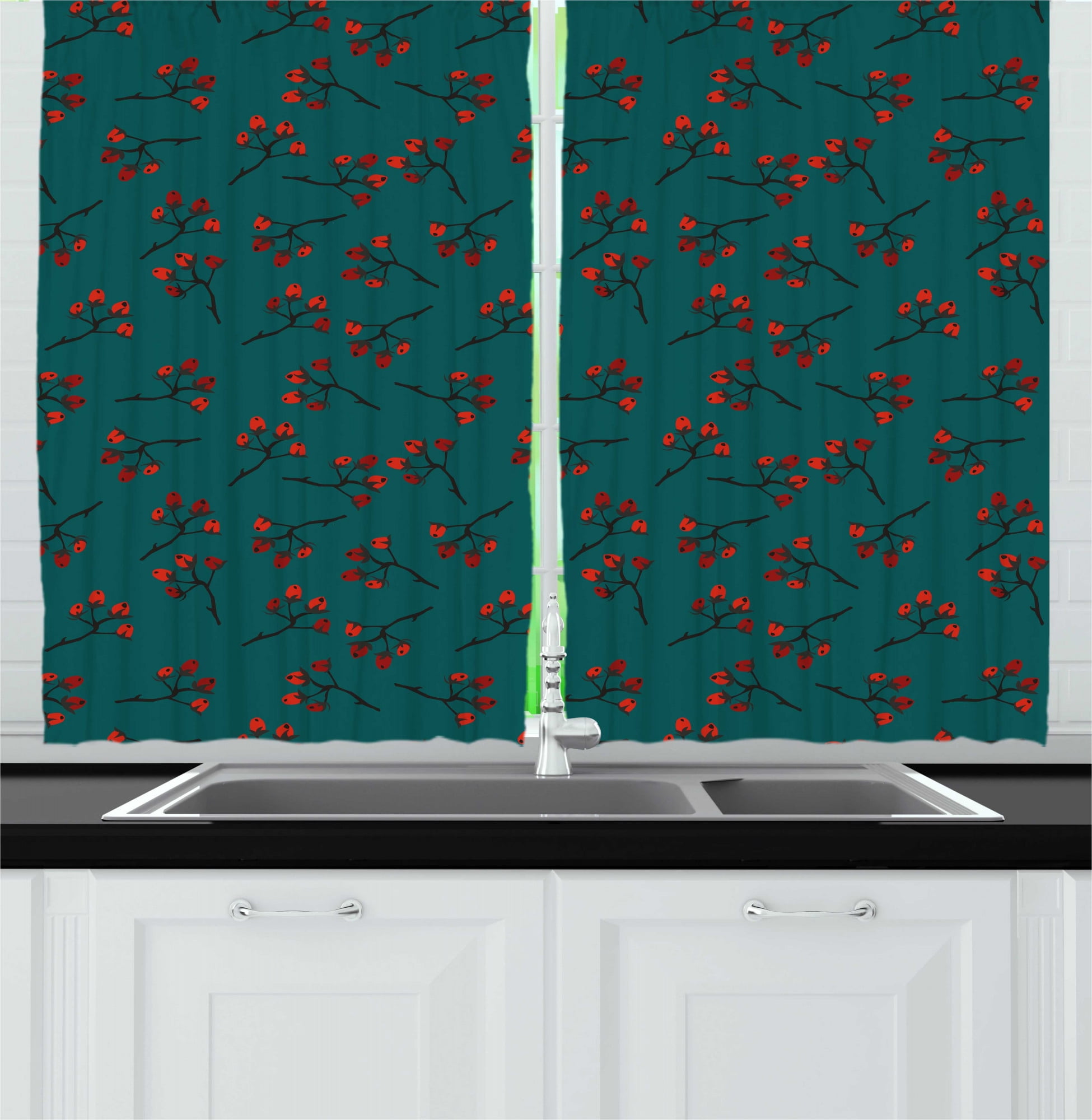Teal Kitchen Curtains, Whimsical Modern Style Berry Christmas Pattern Hand Drawn Rustic