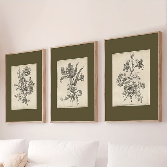 Set of 3 Unframed Boho Green Sketch Flower Vintage Wall Art Poster Canvas Print Minimalist Antique Botanical Floral Rustic Retro Painting for Dorm,Apartment,Living Room,Bedroom,Modern Home Decoratio