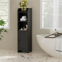 Small Bathroom Storage Corner Floor Cabinet with Door and Shelves, Beside The Toilet Paper Stand for Skinny, Narrow Toilet Paper Cabinet, 7.9" D x 7.1" W x 31" H, Black