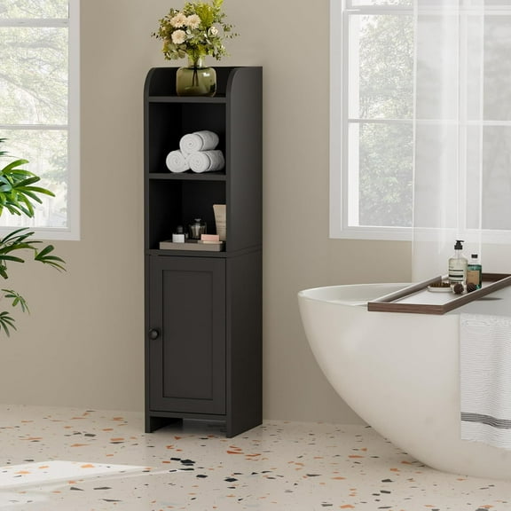 Small Bathroom Storage Corner Floor Cabinet with Door and Shelves, Beside The Toilet Paper Stand for Skinny, Narrow Toilet Paper Cabinet, 7.9" D x 7.1" W x 31" H, Black