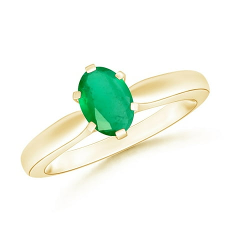 Yellow Gold Chatham Emerald Ring - May Birthstone Ring - Tapered Shank Oval Solitaire Emerald Ring in 14K Yellow Gold (7x5mm Emerald) - SR0148E-YG-A-7x5-6.5