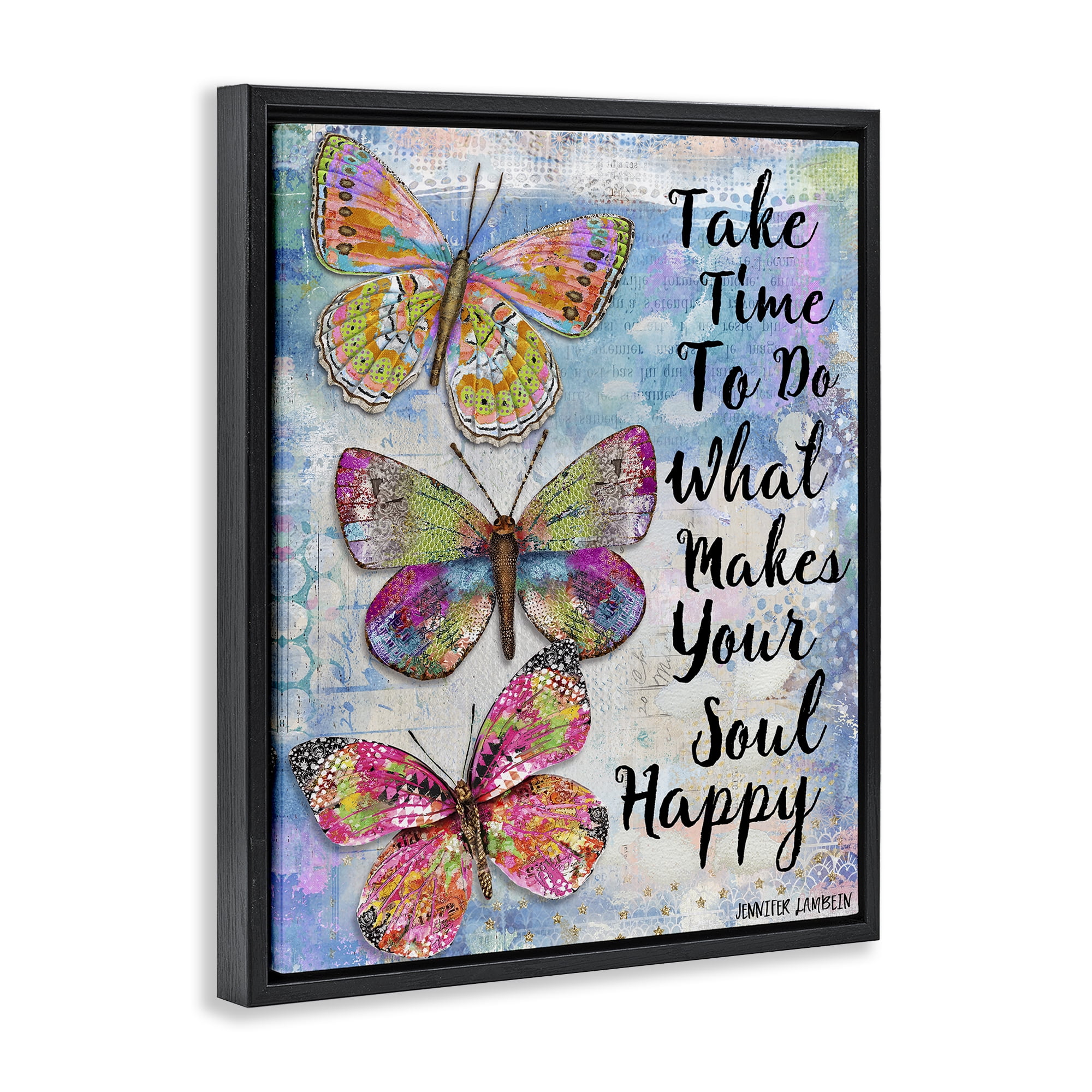 Stupell Industries Makes Your Soul Happy Butterfly Animals Painting Black Floater Framed Canvas Art Print Wall Art, 17 x 21