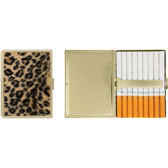 Set of 2 Metal-Plated 100s Ultra Compact Cigarette Case With Insert (Faux Brown Leopard Print Fur)